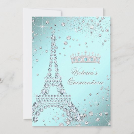 Turquoise Blue Paris Tiara Quinceanera Invitations (Devant)