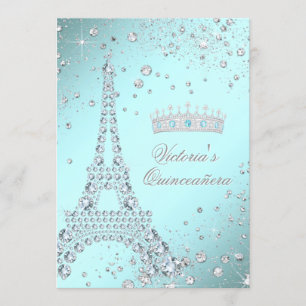 Turquoise Blue Paris Tiara Quinceanera Invitations