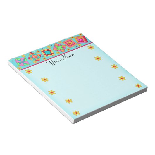 Turquoise Blue Patchwork Quilt Block Art Notitieblok (Schuin)