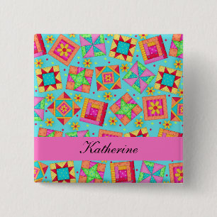 Turquoise Blue Patchwork Quilt Blocks Name Badge Vierkante Button 5,1 Cm