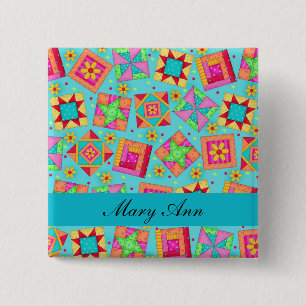 Turquoise Blue Patchwork Quilt Blocks Name Badge Vierkante Button 5,1 Cm