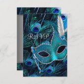 Turquoise Blue Peacock Masquerade Party RSVP (Devant / Derrière)