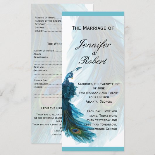 Turquoise Blue Peacock Plume Wedding Programme (Devant / Derrière)