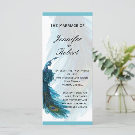 Turquoise Blue Peacock Plume Wedding Programme (Debout devant)