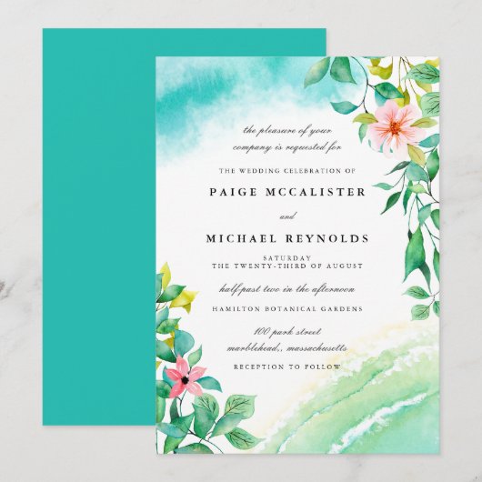 Turquoise Blue Pink Floral Botanical Wedding Kaart (Voorkant / Achterkant)