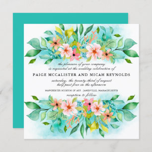 Turquoise Blue Pink Floral Botanical Wedding Kaart