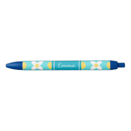 Turquoise Blue Retro Bloemenpatroon Blauwe Inkt Pen