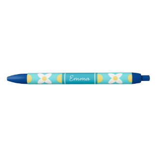 Turquoise Blue Retro Bloemenpatroon Blauwe Inkt Pen