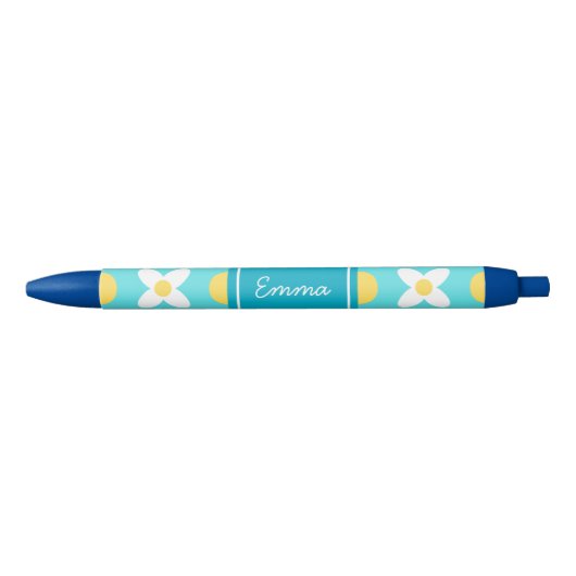 Turquoise Blue Retro Bloemenpatroon Blauwe Inkt Pen (Voorkant)