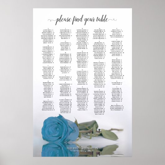 Turquoise Blue Roos Alfabetical Seating Chart Poster (Voorkant)
