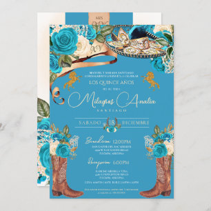 Turquoise Blue Rozen Fancy Charro Quinceañera Kaart