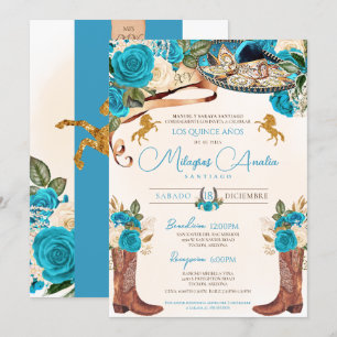 Turquoise Blue Rozen Western Charro Quinceañera Kaart