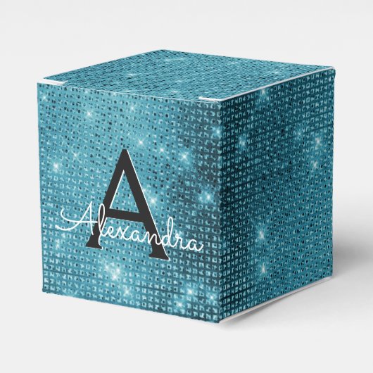 Turquoise Blue Shimmer Monogram - Jouw naam toevoe Bedankdoosjes (Voorkant Zijde)