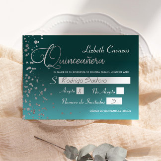 Turquoise Blue Silver Confetti Quinceanera RSVP Kaart