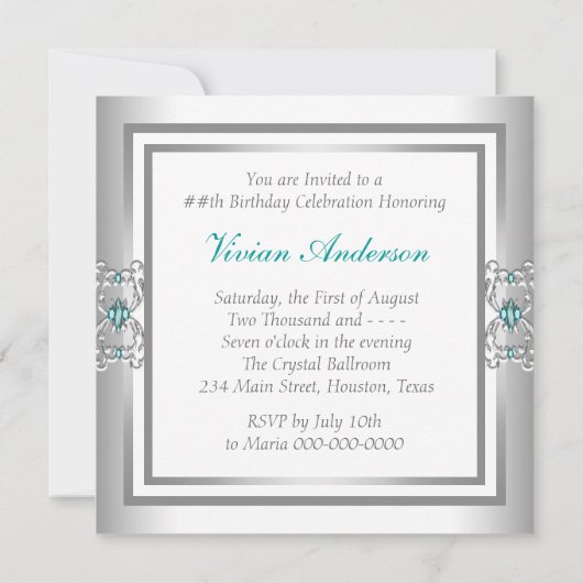 Turquoise Blue Silver Invitations de fête d'annive (Dos)