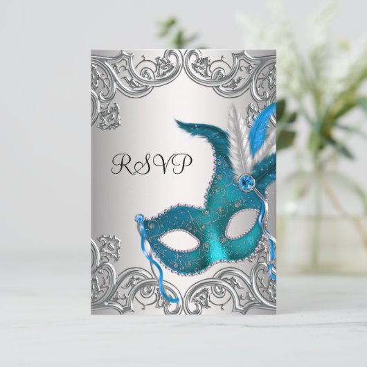 Turquoise Blue Silver Masquerade Party RSVP (Debout devant)