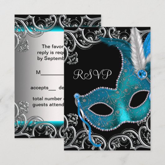 Turquoise Blue Silver Masquerade Party RSVP (Devant / Derrière)