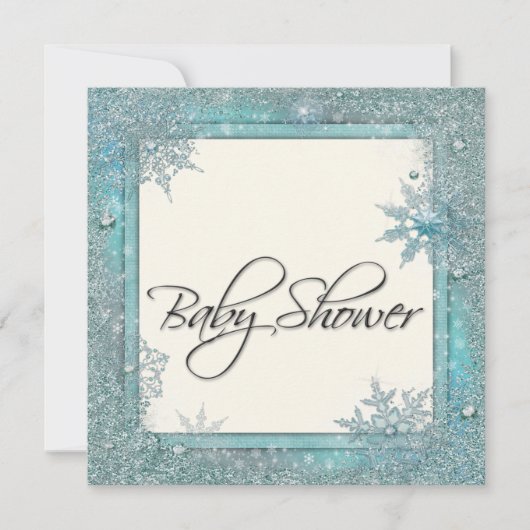 Turquoise Blue Snowflake Baby Shower Invitations (Devant)