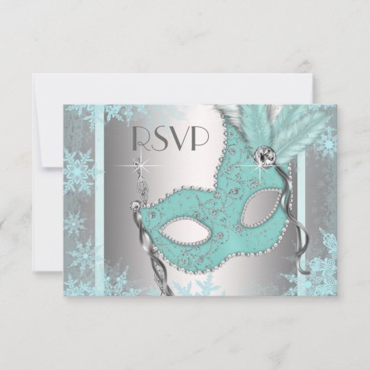 Turquoise Blue Snowflake Masquerade Party RSVP (Devant)