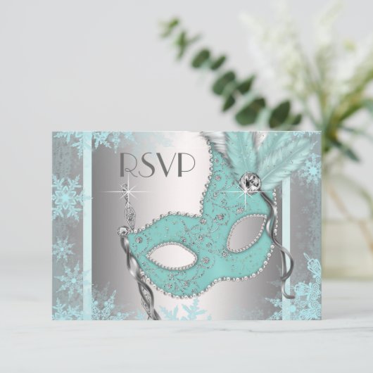 Turquoise Blue Snowflake Masquerade Party RSVP (Debout devant)