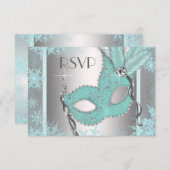 Turquoise Blue Snowflake Masquerade Party RSVP (Devant / Derrière)