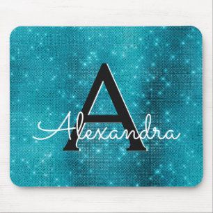 Turquoise Blue Sparkle Girly Monogram Muismat