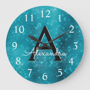 Turquoise Blue Sparkle Monogram Naam en Initiaal Grote Klok