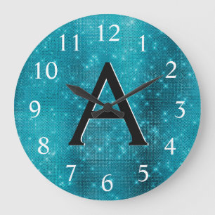 Turquoise Blue Sparkle Monogram Naam en Initiaal Grote Klok