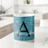 Turquoise Blue Sparkle Monogram Naam en Initiaal Koffiemok