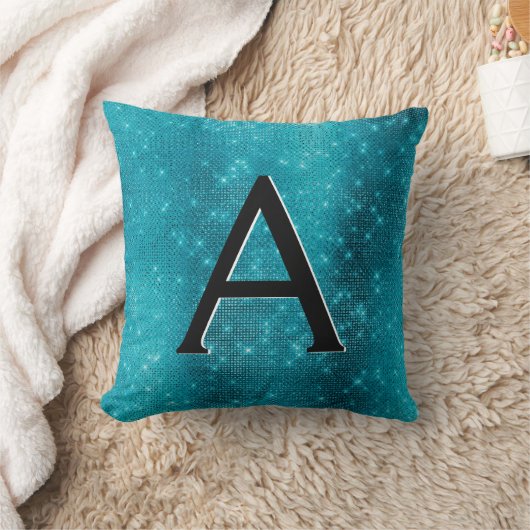 Turquoise Blue Sparkle Monogram Naam en Initiaal Kussen (Deken)