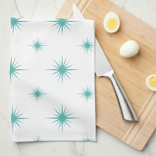Turquoise Blue Starburst Pattern Mid-eeuwse Retro Theedoek (Quarter Fold)