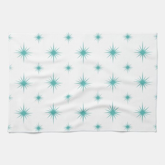 Turquoise Blue Starburst Pattern Mid-eeuwse Retro Theedoek (Horizontaal)
