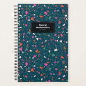 Turquoise Blue Terrazzo Planner avec nom et année (Devant)