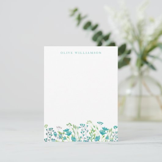Turquoise Blue Waterverf Floral met naam Notitiekaartje (Staand voorkant)