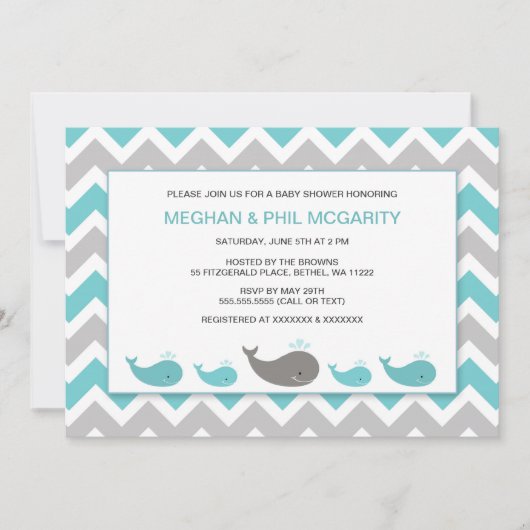 Turquoise Blue Whales Boy Baby shower Invitation (Devant)