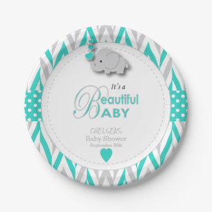 Turquoise Blue, White Grey Elephant Baby shower Papieren Bordje