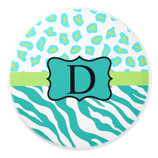 Turquoise Blue White Zebra Leopard Skin Monogram Keramische Knop (Voorkant)