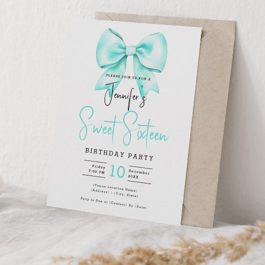 Turquoise Bow Coquette Schattige Script Sweet 16 Kaart