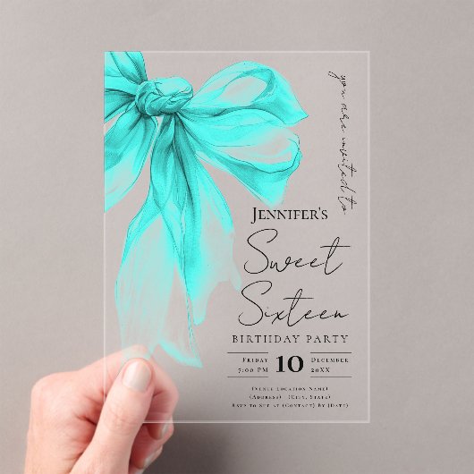 Turquoise Bow Coquette Script Sweet 16 Party Acryl Uitnodigingen (Insitu (Draagbaar))