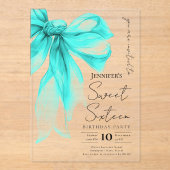 Turquoise Bow Coquette Script Sweet 16 Party Acryl Uitnodigingen (Voorkant)