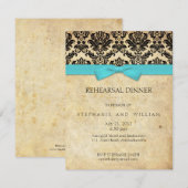 Turquoise Bow Damask Rehearsal Dinner Invitation Kaart (Voorkant / Achterkant)