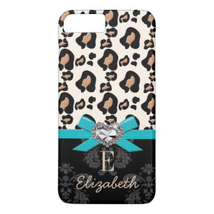 Turquoise Bow Heart Shaped Faux Bling Leopard iPhone 8 Plus / 7 Plus Hoesje