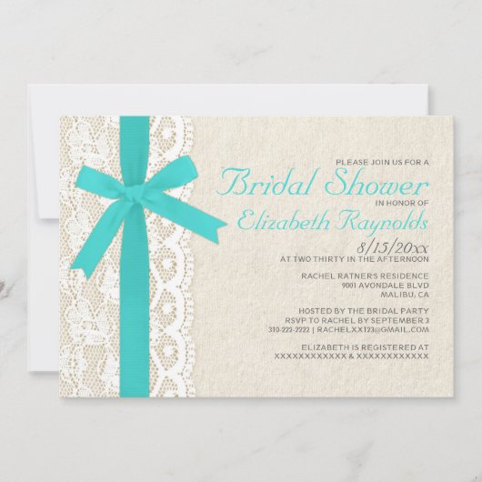 Turquoise Bow & Lace Bridal Shower Invitations Kaart (Voorkant)