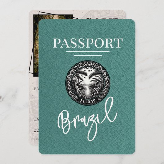 Turquoise Brazilië paspoort Bewaar de datum Save The Date (Voorkant / Achterkant)