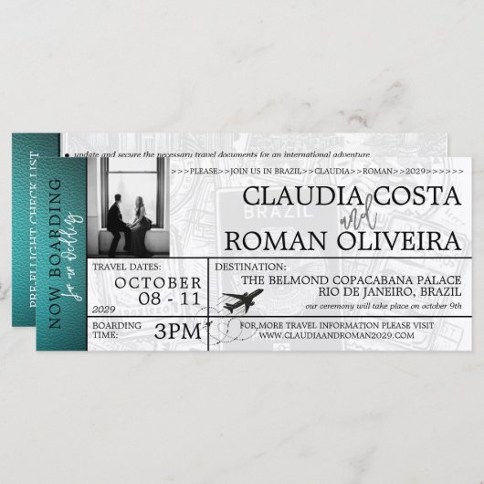 Turquoise Brésil Mariage Boarding Pass Invitation (Devant / Derrière)