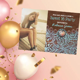 Turquoise Brown Country western Sweet 16 Party Kaart