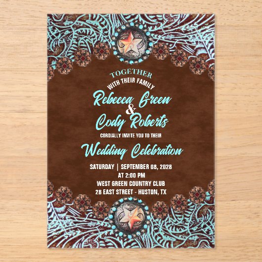 Turquoise Brown Cowboy Country Westerne bruiloft Acryl Uitnodigingen (Voorkant)