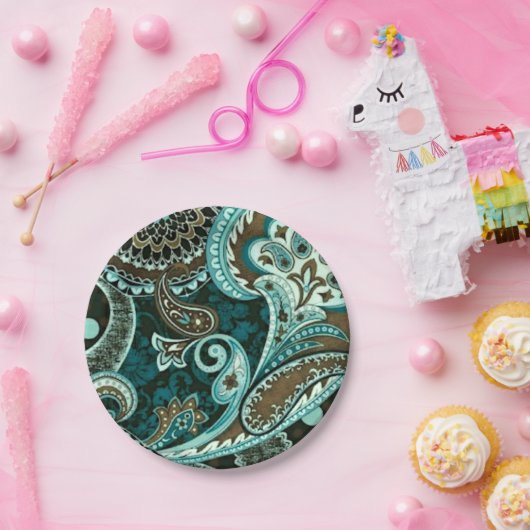 Turquoise Brown Paisley Papieren Bordje (Feest)