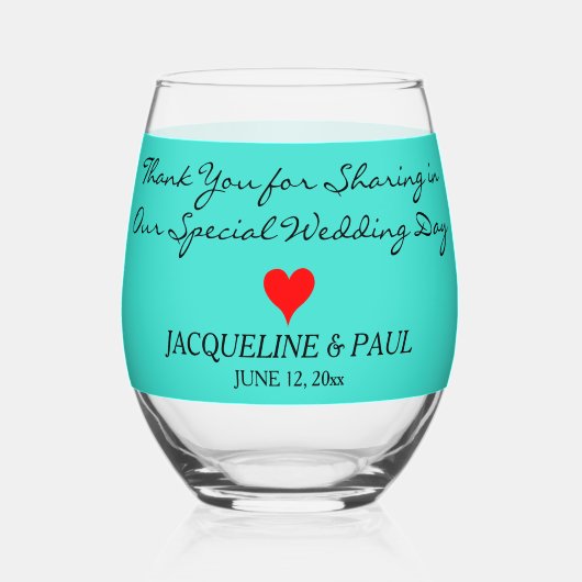 Turquoise bruiloft gunsten Monogram rood hart Wijnglas Zonder Voet (Voorkant)
