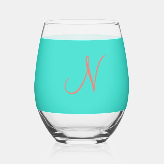 Turquoise bruiloft gunsten Monogram rood hart Wijnglas Zonder Voet (Achterkant)